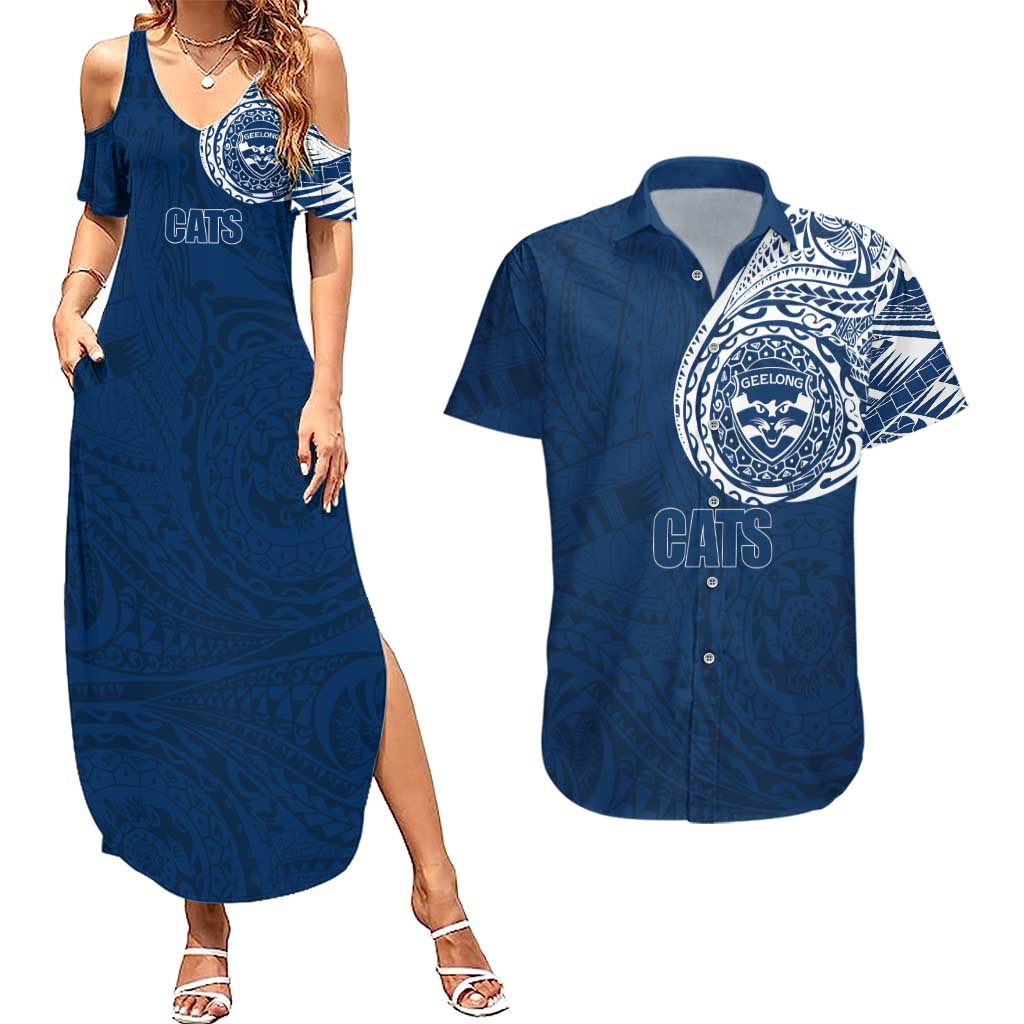 Personalized Geelong Cats Polynesian Couples Matching Summer Maxi Dress and Hawaiian Shirt Tribal Chest and Sleeve Tattoo Heritage Warrior