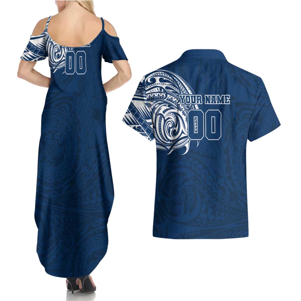 Personalized Geelong Cats Polynesian Couples Matching Summer Maxi Dress and Hawaiian Shirt Tribal Chest and Sleeve Tattoo Heritage Warrior