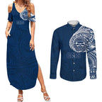 Personalized Geelong Cats Polynesian Couples Matching Summer Maxi Dress and Long Sleeve Button Shirt Tribal Chest and Sleeve Tattoo Heritage Warrior