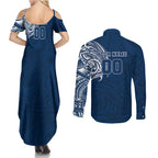 Personalized Geelong Cats Polynesian Couples Matching Summer Maxi Dress and Long Sleeve Button Shirt Tribal Chest and Sleeve Tattoo Heritage Warrior