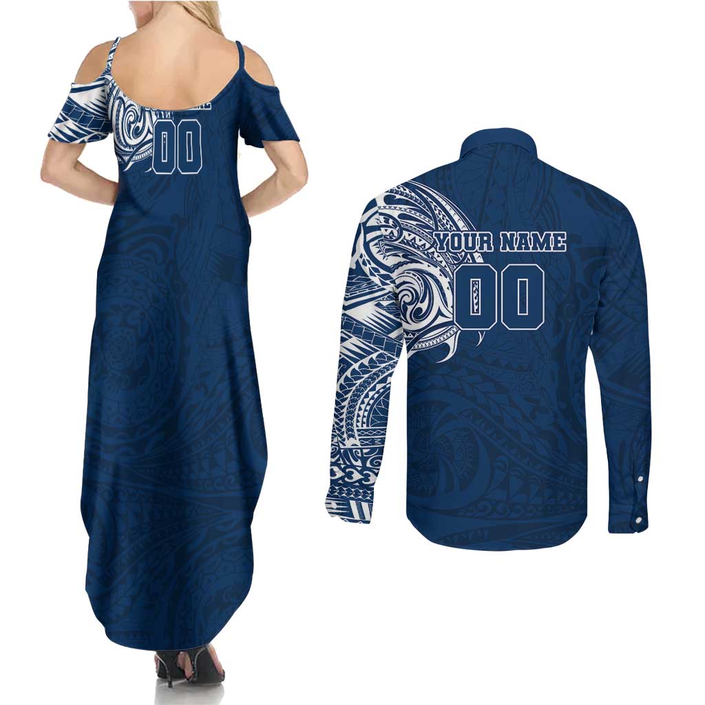 Personalized Geelong Cats Polynesian Couples Matching Summer Maxi Dress and Long Sleeve Button Shirt Tribal Chest and Sleeve Tattoo Heritage Warrior