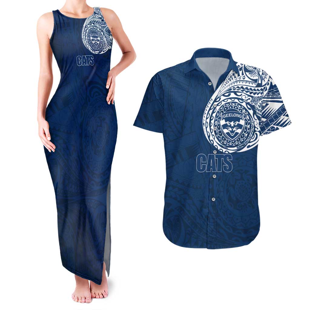 Personalized Geelong Cats Polynesian Couples Matching Tank Maxi Dress and Hawaiian Shirt Tribal Chest and Sleeve Tattoo Heritage Warrior
