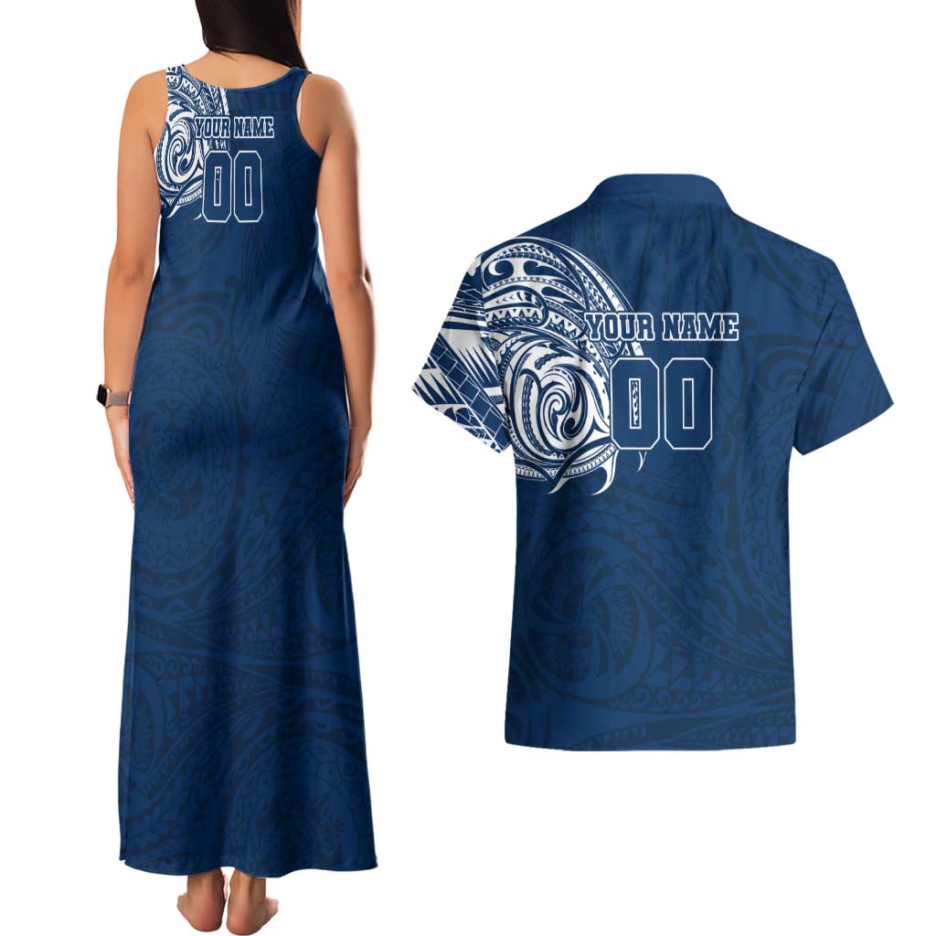 Personalized Geelong Cats Polynesian Couples Matching Tank Maxi Dress and Hawaiian Shirt Tribal Chest and Sleeve Tattoo Heritage Warrior