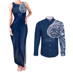 Personalized Geelong Cats Polynesian Couples Matching Tank Maxi Dress and Long Sleeve Button Shirt Tribal Chest and Sleeve Tattoo Heritage Warrior