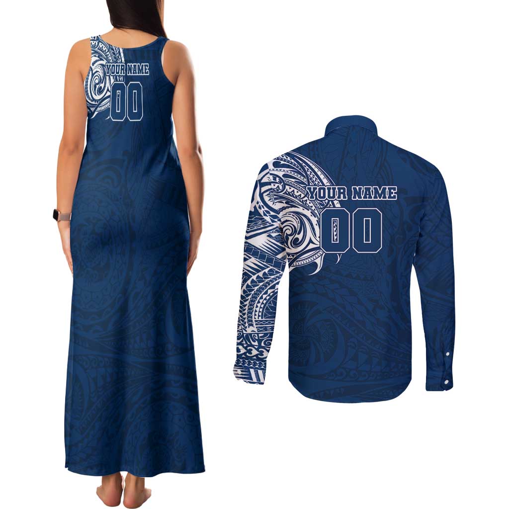 Personalized Geelong Cats Polynesian Couples Matching Tank Maxi Dress and Long Sleeve Button Shirt Tribal Chest and Sleeve Tattoo Heritage Warrior