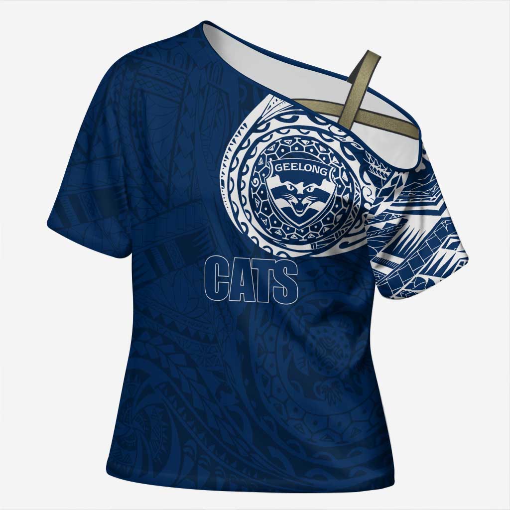 Personalized Geelong Cats Polynesian Cross Shoulder Shirt Tribal Chest and Sleeve Tattoo Heritage Warrior