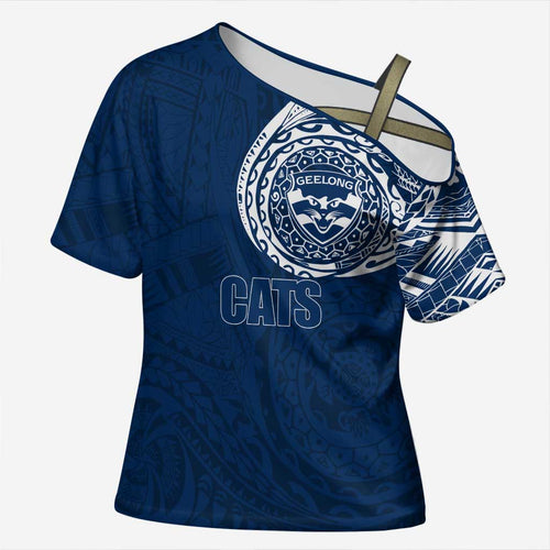 Personalized Geelong Cats Polynesian Cross Shoulder Shirt Tribal Chest and Sleeve Tattoo Heritage Warrior