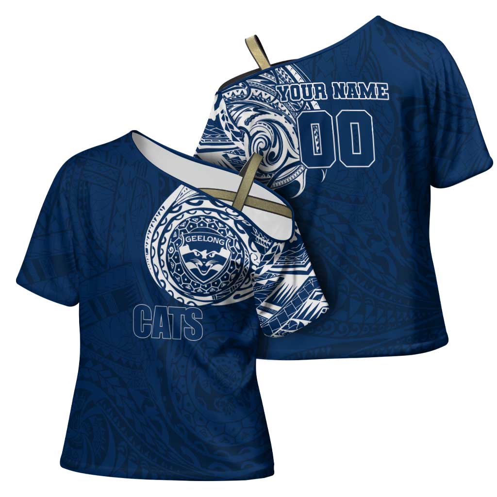 Personalized Geelong Cats Polynesian Cross Shoulder Shirt Tribal Chest and Sleeve Tattoo Heritage Warrior