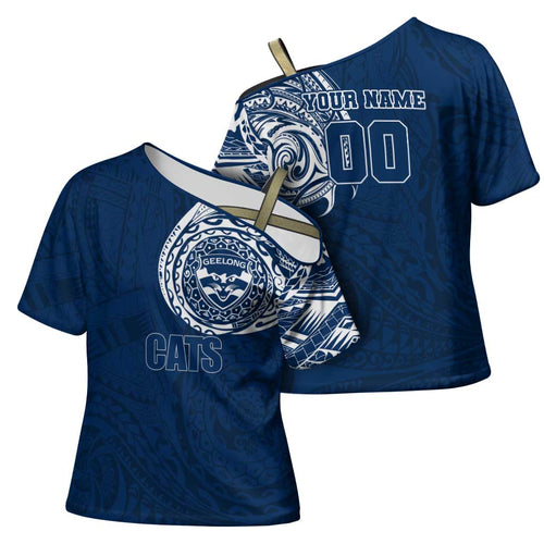Personalized Geelong Cats Polynesian Cross Shoulder Shirt Tribal Chest and Sleeve Tattoo Heritage Warrior