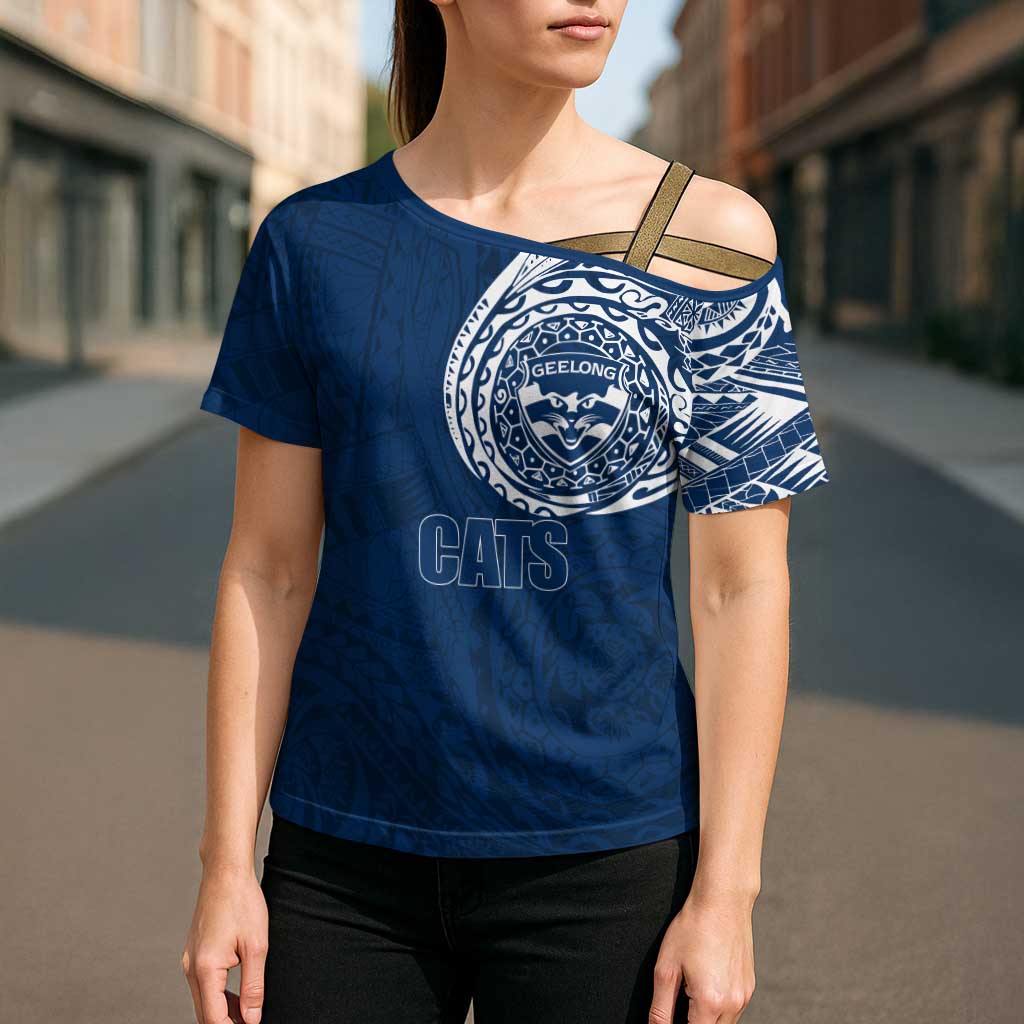 Personalized Geelong Cats Polynesian Cross Shoulder Shirt Tribal Chest and Sleeve Tattoo Heritage Warrior