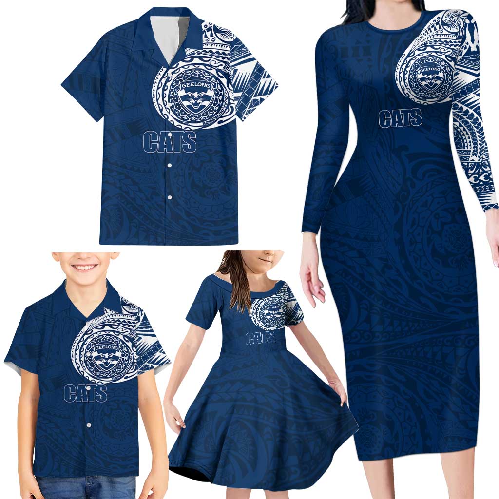Personalized Geelong Cats Polynesian Family Matching Long Sleeve Bodycon Dress and Hawaiian Shirt Tribal Chest and Sleeve Tattoo Heritage Warrior