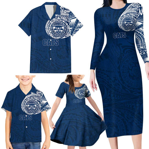 Personalized Geelong Cats Polynesian Family Matching Long Sleeve Bodycon Dress and Hawaiian Shirt Tribal Chest and Sleeve Tattoo Heritage Warrior