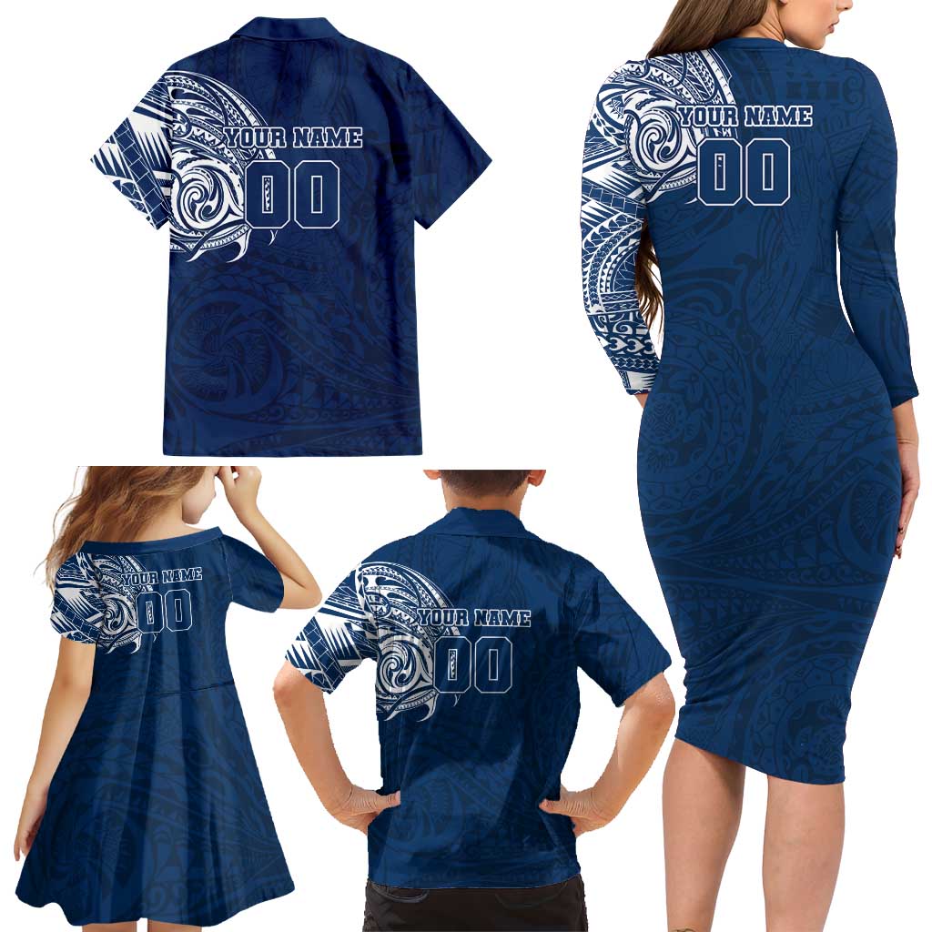 Personalized Geelong Cats Polynesian Family Matching Long Sleeve Bodycon Dress and Hawaiian Shirt Tribal Chest and Sleeve Tattoo Heritage Warrior