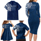 Personalized Geelong Cats Polynesian Family Matching Long Sleeve Bodycon Dress and Hawaiian Shirt Tribal Chest and Sleeve Tattoo Heritage Warrior