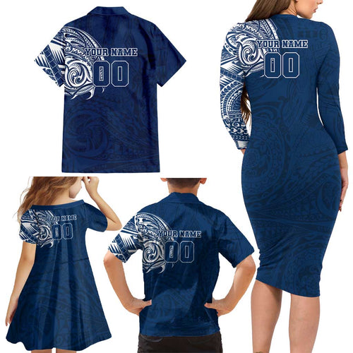 Personalized Geelong Cats Polynesian Family Matching Long Sleeve Bodycon Dress and Hawaiian Shirt Tribal Chest and Sleeve Tattoo Heritage Warrior
