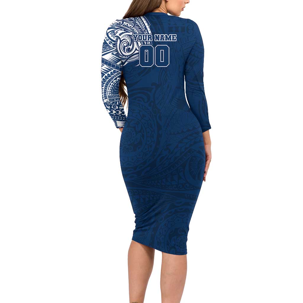 Personalized Geelong Cats Polynesian Family Matching Long Sleeve Bodycon Dress and Hawaiian Shirt Tribal Chest and Sleeve Tattoo Heritage Warrior