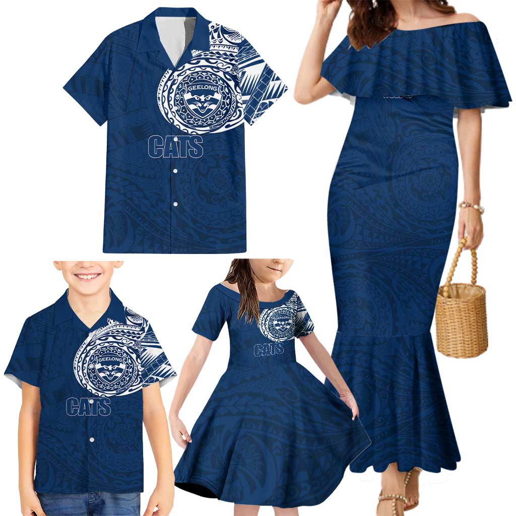 Personalized Geelong Cats Polynesian Family Matching Mermaid Dress and Hawaiian Shirt Tribal Chest and Sleeve Tattoo Heritage Warrior