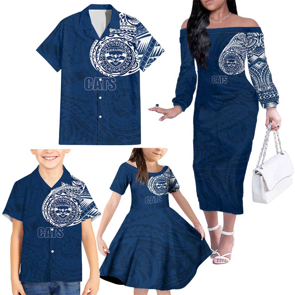 Personalized Geelong Cats Polynesian Family Matching Off The Shoulder Long Sleeve Dress and Hawaiian Shirt Tribal Chest and Sleeve Tattoo Heritage Warrior