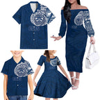 Personalized Geelong Cats Polynesian Family Matching Off The Shoulder Long Sleeve Dress and Hawaiian Shirt Tribal Chest and Sleeve Tattoo Heritage Warrior