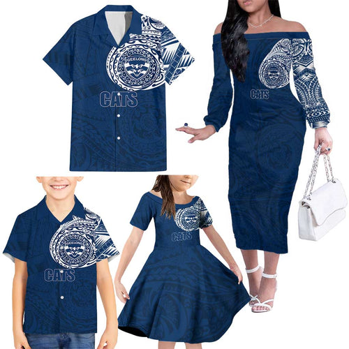 Personalized Geelong Cats Polynesian Family Matching Off The Shoulder Long Sleeve Dress and Hawaiian Shirt Tribal Chest and Sleeve Tattoo Heritage Warrior