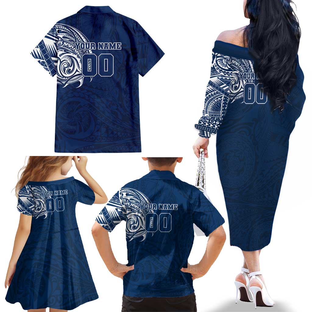 Personalized Geelong Cats Polynesian Family Matching Off The Shoulder Long Sleeve Dress and Hawaiian Shirt Tribal Chest and Sleeve Tattoo Heritage Warrior