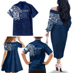 Personalized Geelong Cats Polynesian Family Matching Off The Shoulder Long Sleeve Dress and Hawaiian Shirt Tribal Chest and Sleeve Tattoo Heritage Warrior