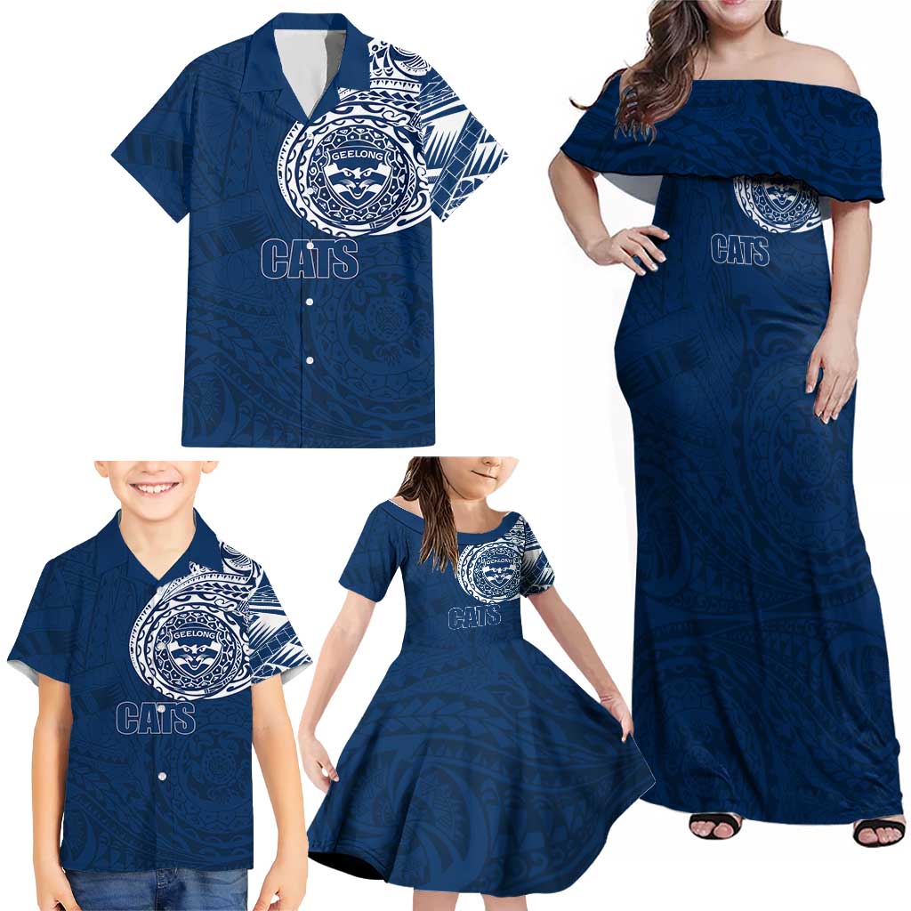 Personalized Geelong Cats Polynesian Family Matching Off Shoulder Maxi Dress and Hawaiian Shirt Tribal Chest and Sleeve Tattoo Heritage Warrior