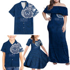 Personalized Geelong Cats Polynesian Family Matching Off Shoulder Maxi Dress and Hawaiian Shirt Tribal Chest and Sleeve Tattoo Heritage Warrior