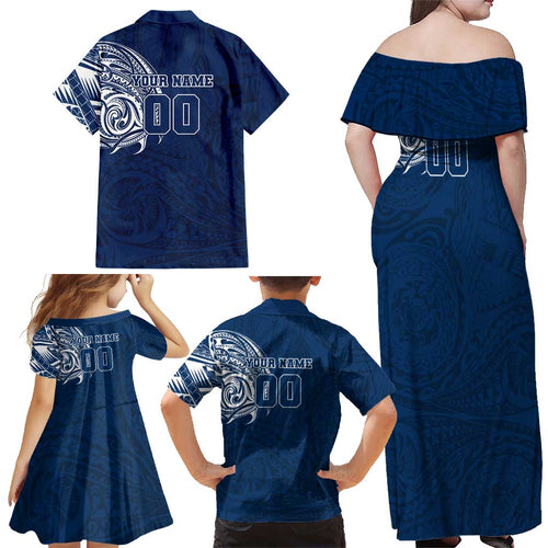 Personalized Geelong Cats Polynesian Family Matching Off Shoulder Maxi Dress and Hawaiian Shirt Tribal Chest and Sleeve Tattoo Heritage Warrior