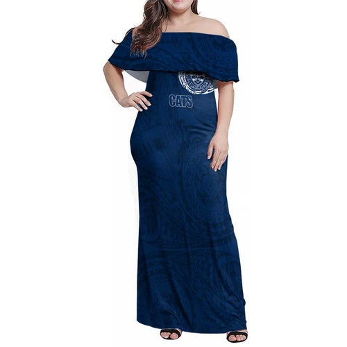 Personalized Geelong Cats Polynesian Family Matching Off Shoulder Maxi Dress and Hawaiian Shirt Tribal Chest and Sleeve Tattoo Heritage Warrior