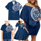 Personalized Geelong Cats Polynesian Family Matching Off Shoulder Short Dress and Hawaiian Shirt Tribal Chest and Sleeve Tattoo Heritage Warrior