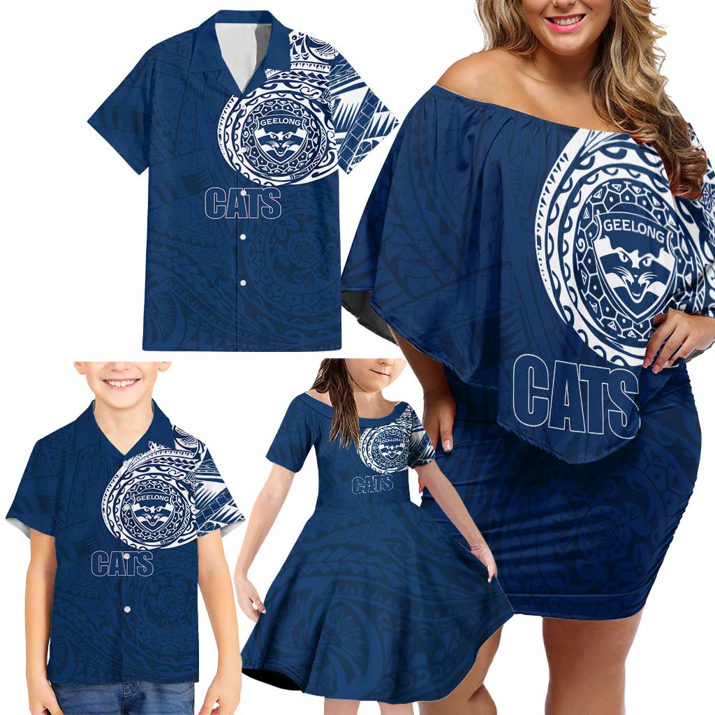 Personalized Geelong Cats Polynesian Family Matching Off Shoulder Short Dress and Hawaiian Shirt Tribal Chest and Sleeve Tattoo Heritage Warrior