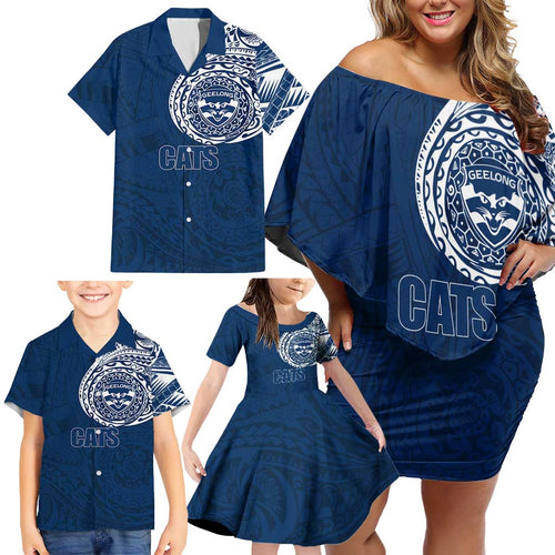 Personalized Geelong Cats Polynesian Family Matching Off Shoulder Short Dress and Hawaiian Shirt Tribal Chest and Sleeve Tattoo Heritage Warrior