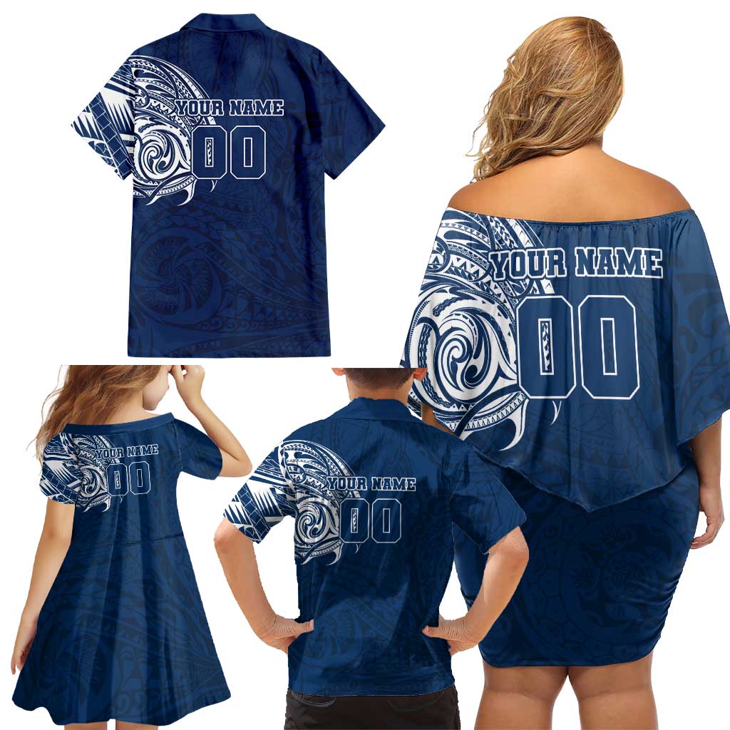 Personalized Geelong Cats Polynesian Family Matching Off Shoulder Short Dress and Hawaiian Shirt Tribal Chest and Sleeve Tattoo Heritage Warrior