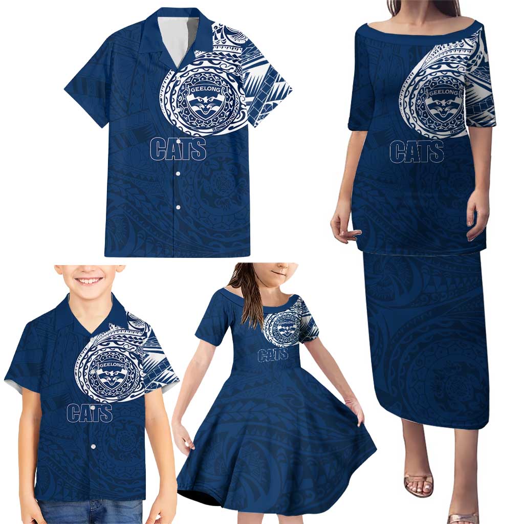 Personalized Geelong Cats Polynesian Family Matching Puletasi and Hawaiian Shirt Tribal Chest and Sleeve Tattoo Heritage Warrior