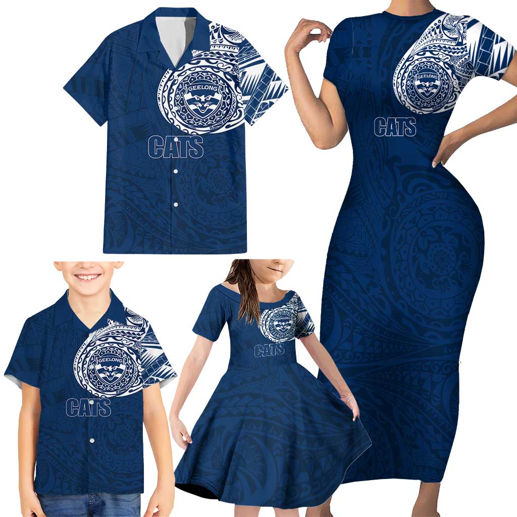 Personalized Geelong Cats Polynesian Family Matching Short Sleeve Bodycon Dress and Hawaiian Shirt Tribal Chest and Sleeve Tattoo Heritage Warrior