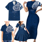 Personalized Geelong Cats Polynesian Family Matching Short Sleeve Bodycon Dress and Hawaiian Shirt Tribal Chest and Sleeve Tattoo Heritage Warrior