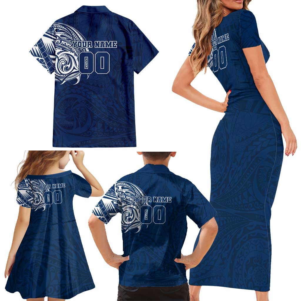 Personalized Geelong Cats Polynesian Family Matching Short Sleeve Bodycon Dress and Hawaiian Shirt Tribal Chest and Sleeve Tattoo Heritage Warrior