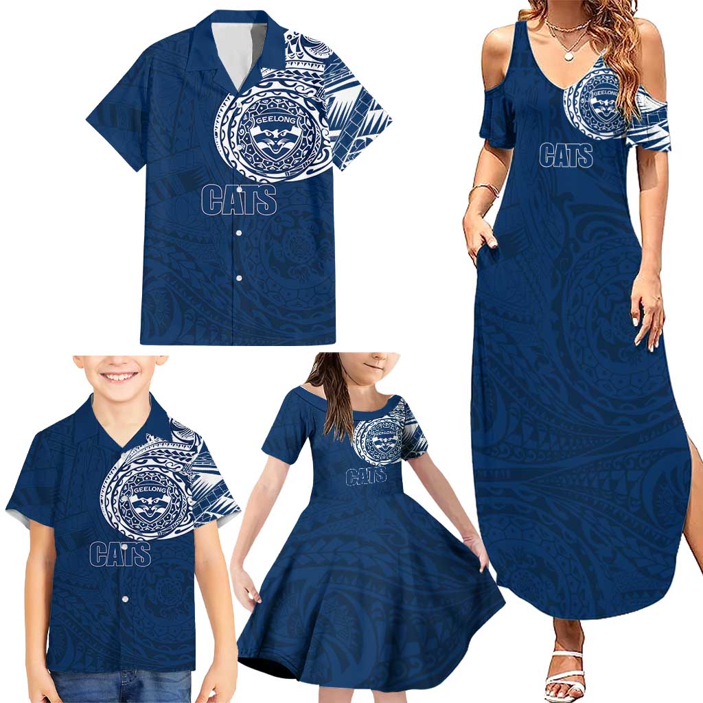 Personalized Geelong Cats Polynesian Family Matching Summer Maxi Dress and Hawaiian Shirt Tribal Chest and Sleeve Tattoo Heritage Warrior