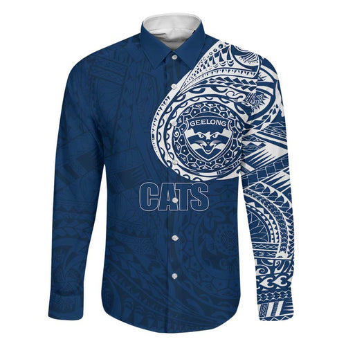 Personalized Geelong Cats Polynesian Family Matching Summer Maxi Dress and Hawaiian Shirt Tribal Chest and Sleeve Tattoo Heritage Warrior