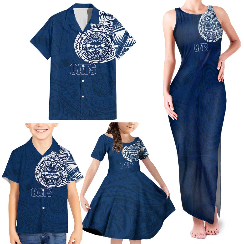 Personalized Geelong Cats Polynesian Family Matching Tank Maxi Dress and Hawaiian Shirt Tribal Chest and Sleeve Tattoo Heritage Warrior