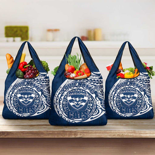 Personalized Geelong Cats Polynesian Grocery Bag Tribal Chest and Sleeve Tattoo Heritage Warrior