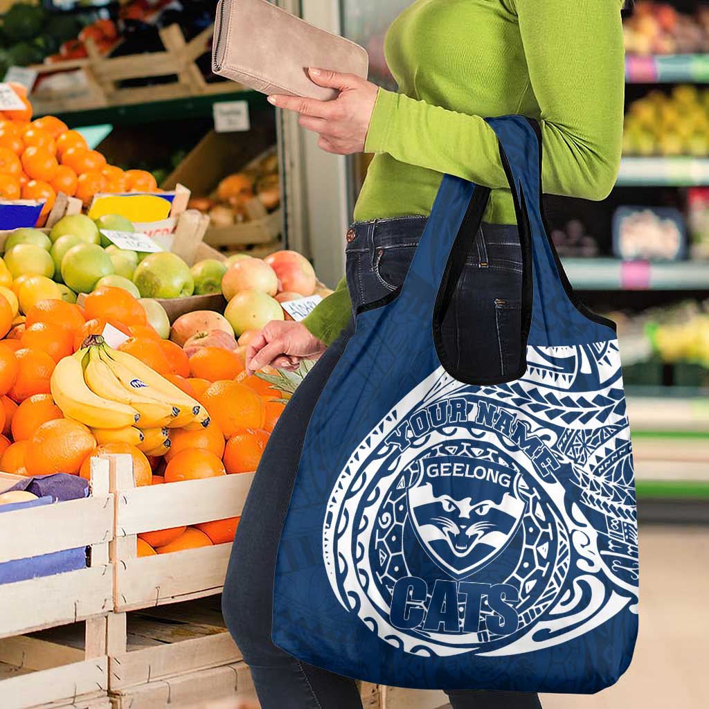 Personalized Geelong Cats Polynesian Grocery Bag Tribal Chest and Sleeve Tattoo Heritage Warrior