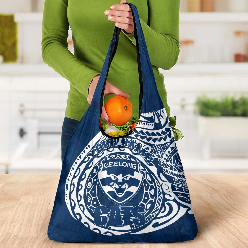 Personalized Geelong Cats Polynesian Grocery Bag Tribal Chest and Sleeve Tattoo Heritage Warrior