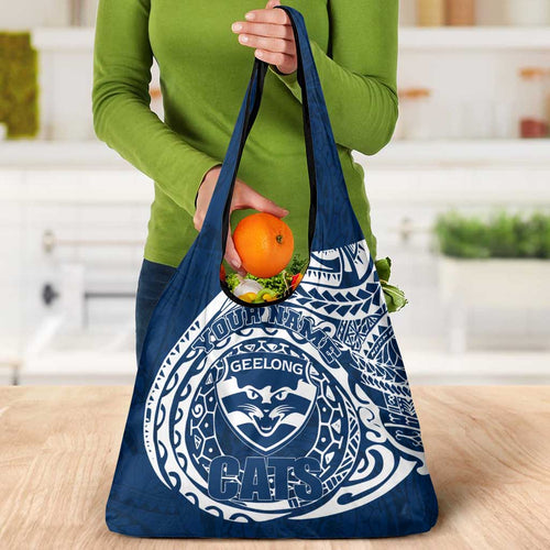 Personalized Geelong Cats Polynesian Grocery Bag Tribal Chest and Sleeve Tattoo Heritage Warrior
