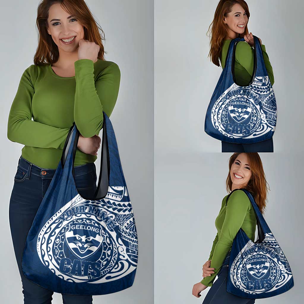 Personalized Geelong Cats Polynesian Grocery Bag Tribal Chest and Sleeve Tattoo Heritage Warrior