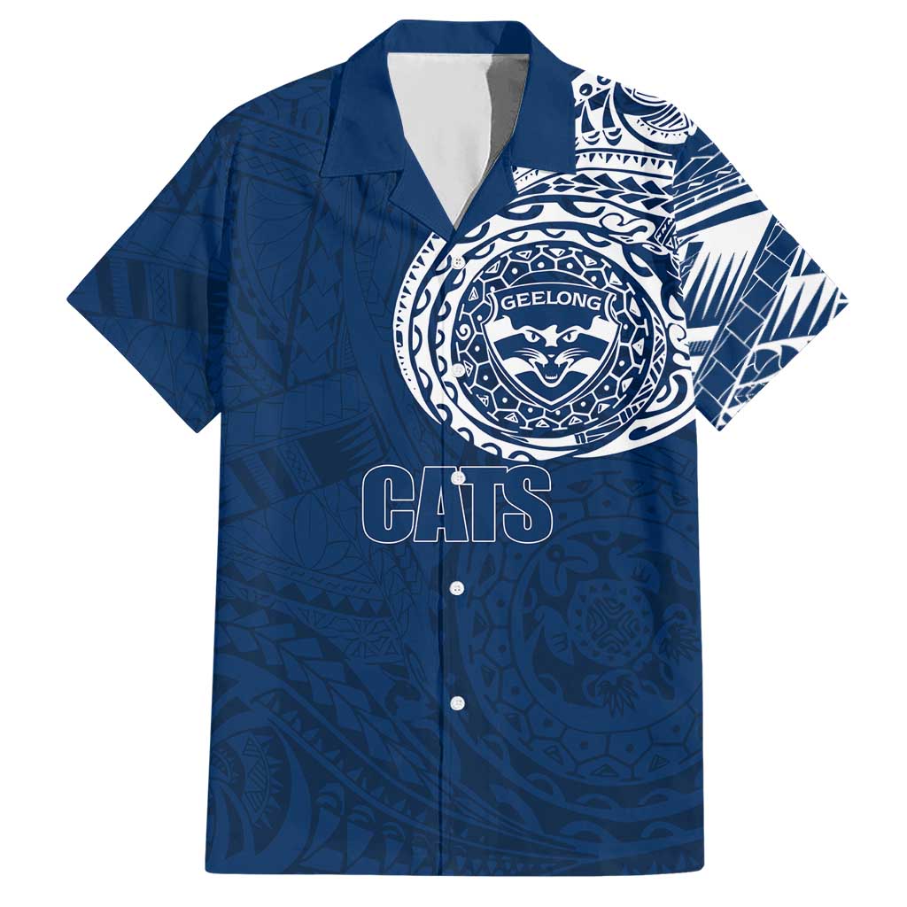 Personalized Geelong Cats Polynesian Hawaiian Shirt Tribal Chest and Sleeve Tattoo Heritage Warrior