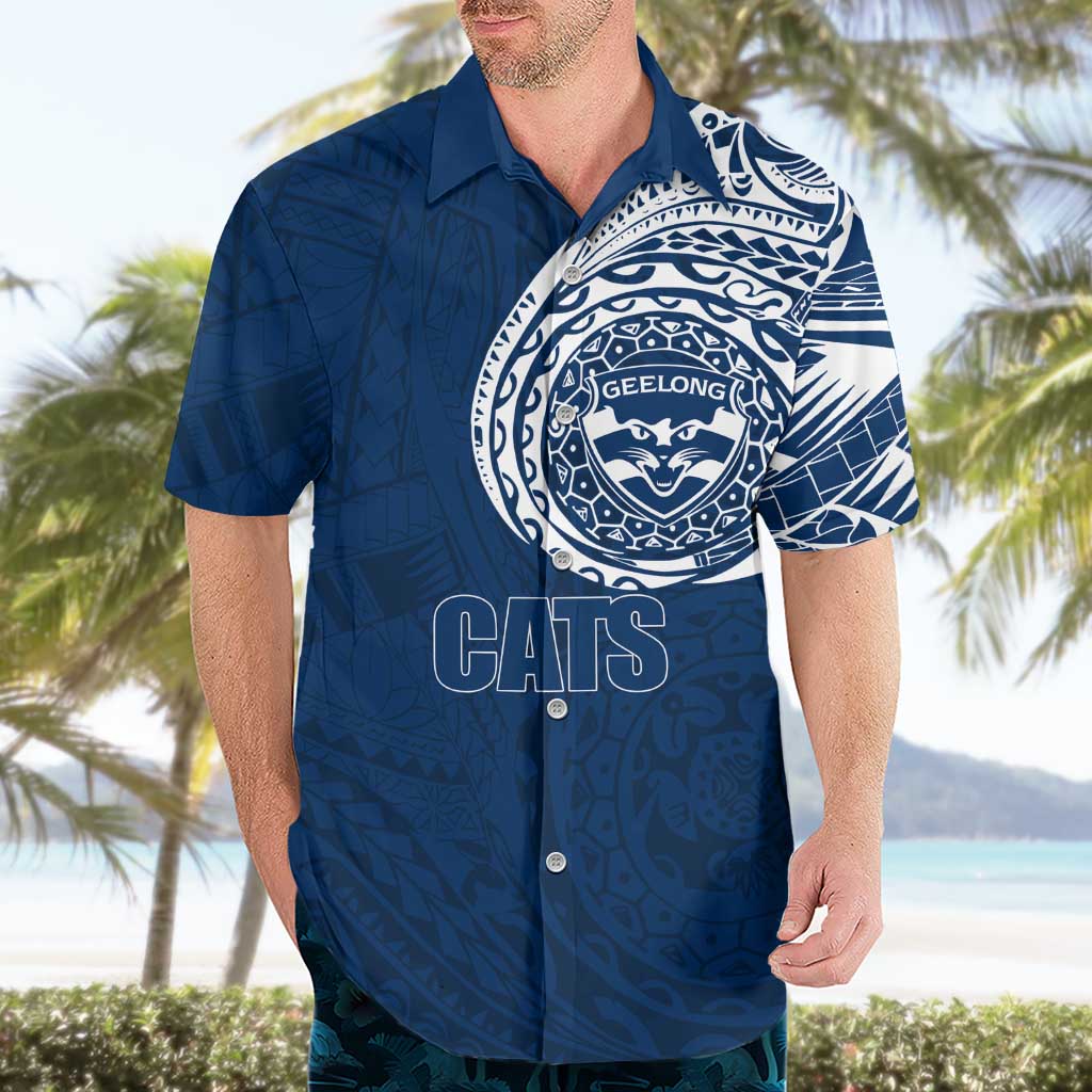 Personalized Geelong Cats Polynesian Hawaiian Shirt Tribal Chest and Sleeve Tattoo Heritage Warrior
