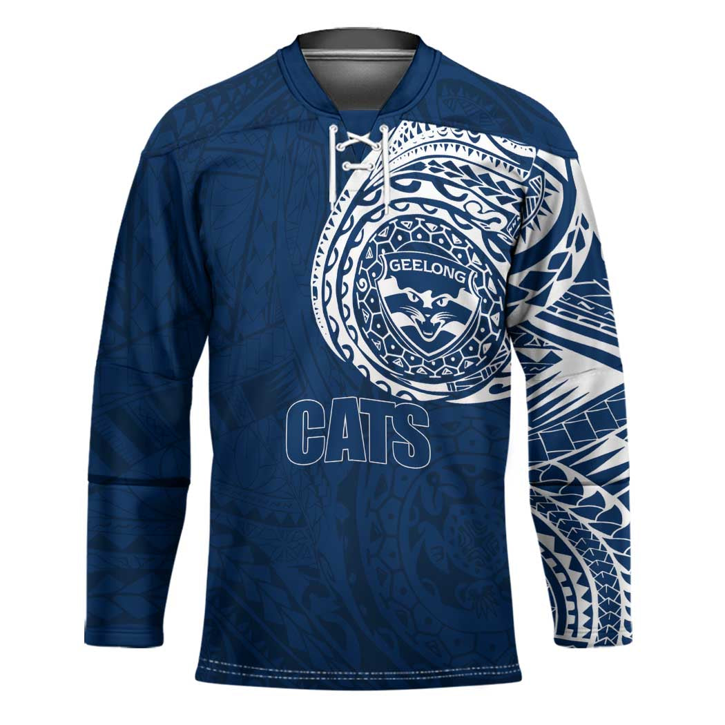 Personalized Geelong Cats Polynesian Hockey Jersey Tribal Chest and Sleeve Tattoo Heritage Warrior