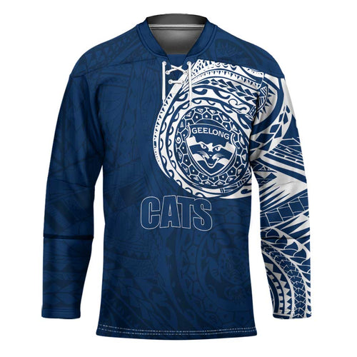 Personalized Geelong Cats Polynesian Hockey Jersey Tribal Chest and Sleeve Tattoo Heritage Warrior